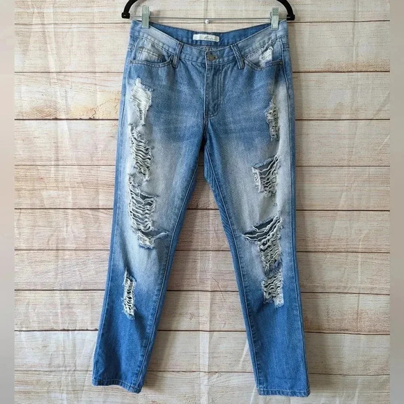 Kancan Size 7 Mid Rise Skinny Destroyed Distressed Ankle Jeans Light Blue Cotton - Picture 1 of 12